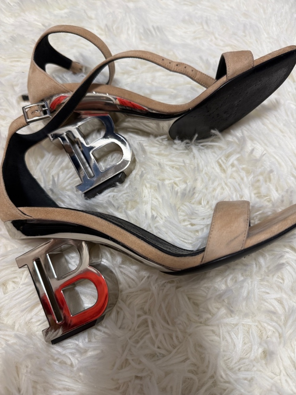 Balmain Beige Suede Ankle-Strap Heels with Sculptural Metallic Logo Heel - Picture 5 of 8